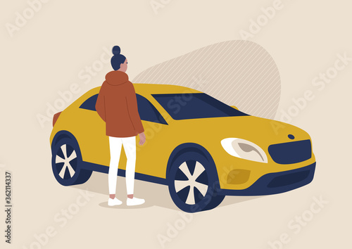 Young female character standing next to a SUV, transportation, car sharing