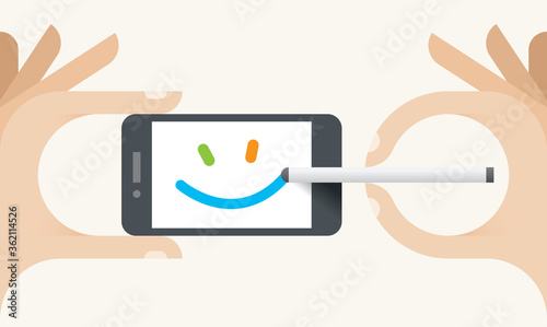 Smile symbol on mobile phone painting by child with touch screen and stylus. Idea - New technologies for art, creativity and happiness.