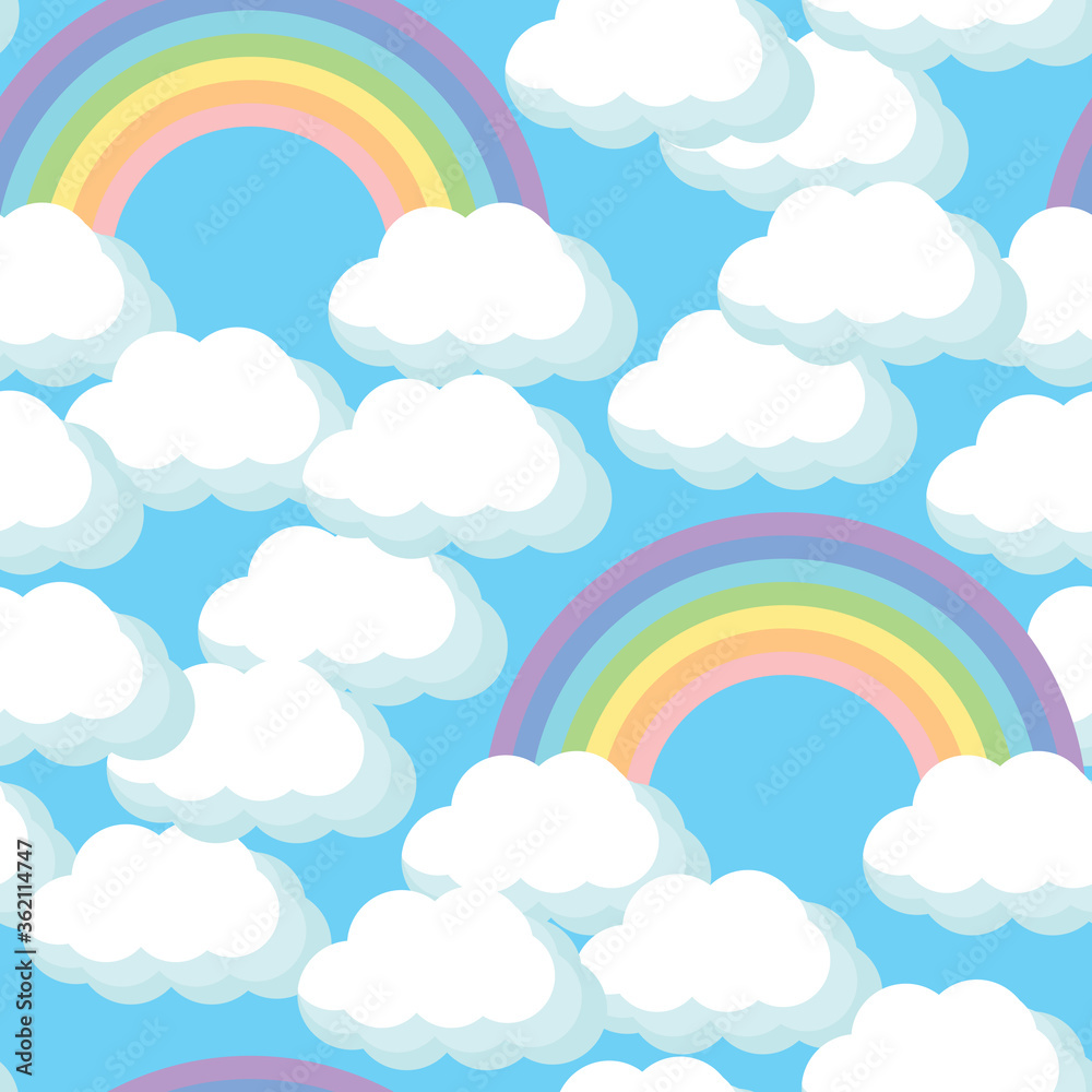 Seamless background with rainbow and clouds for fabric, decorative paper, web. Pastel vector illustration isolated on white background.