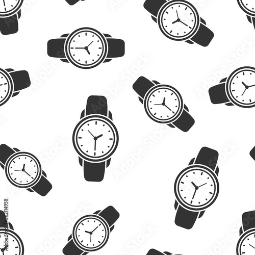Wrist watch icon in flat style. Hand clock vector illustration on white isolated background. Time bracelet seamless pattern business concept.