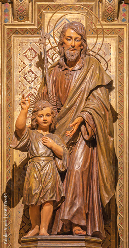 BARCELONA, SPAIN - MARCH 3, 2020: The carved polychrome statue of St. Joseph of Pauda in the church Iglesia Santa Maria de Gracia de Jesus.