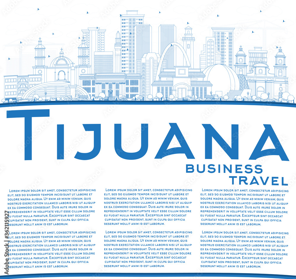 Outline Tijuana Mexico City Skyline with Blue Buildings and Copy Space.