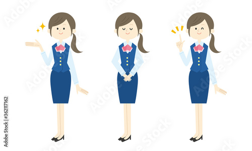 女性事務員OLセット（手で指し示す・お辞儀・指差し）ベクターイラスト
