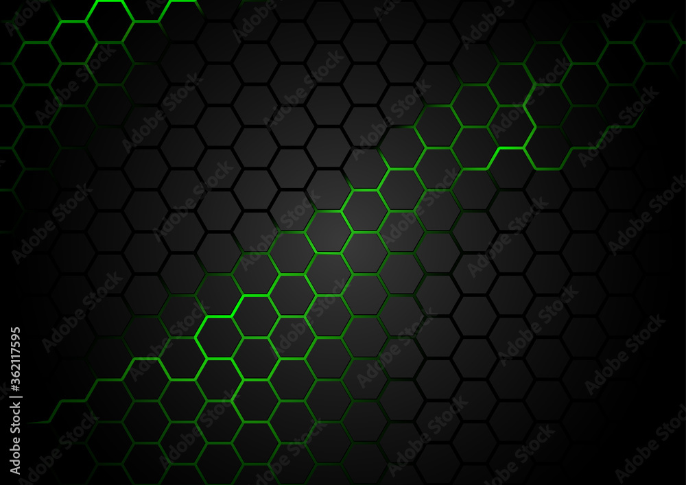 Black Hexagonal Pattern on Green Magma Background - Abstract Illustration with Glowing Effects, Vector