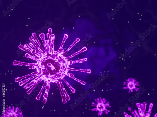  Virus. covid-19,  virus floating in a cellular environment, coronavirus outbreak, Abstract vector 3d microbe isolated on Purple background.