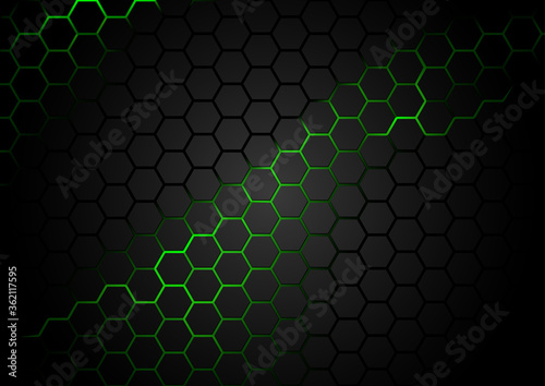 Black Hexagonal Pattern on Green Magma Background - Abstract Illustration with Glowing Effects, Vector