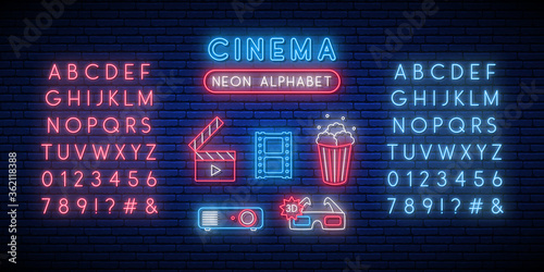 Cinema and alphabet neon sign set. Glowing neon popcorn box, clapperboard, 3d glasses, projector, film reel, letters, numbers. Bright light signboard. Vector clip art in neon style for online movie.