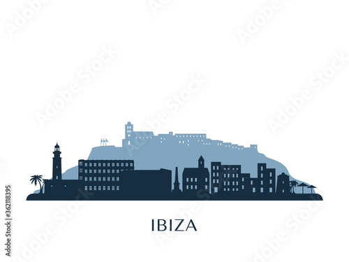 Ibiza skyline, monochrome silhouette. Vector illustration.