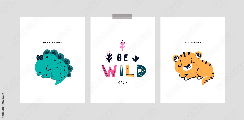 Childish cards or poster with cute baby tiger, dinosaur. Milestone cards. Nursery prints with doodle hand drawn illustration isolated on white. Ideal for kids room decoration, clothing, prints, card