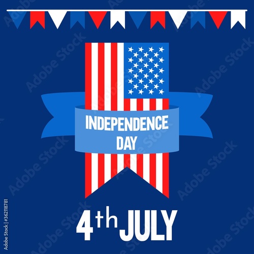 4th of july or independence day related ribbon banner with hanging united state flag and decoration banners vector illustration in flat style,