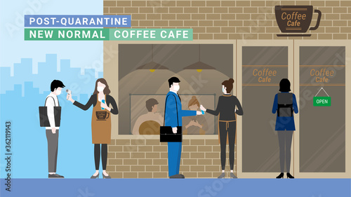 New Normal lifestyle. Business people have thermal checkpoints and hand sanitizing before entering Coffee cafe. 