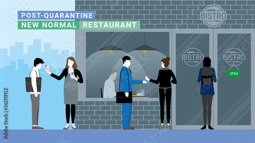 New Normal lifestyle. Business people have thermal checkpoints and hand sanitizing before entering Bistro cafe. 