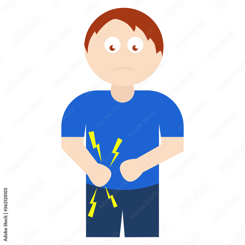 An illustration depicting a man with steady pain in the upper rigth abdomen. An illustration depicting a man with steady pain in the upper rigth abdomen.