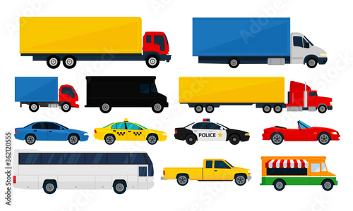 Big set trucks and cars isolated white background. Vector illustration, flat design.