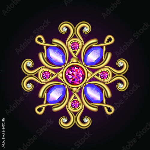 Vector illustration jewelry decoration gold chic decor with precious purple and red stones rubies