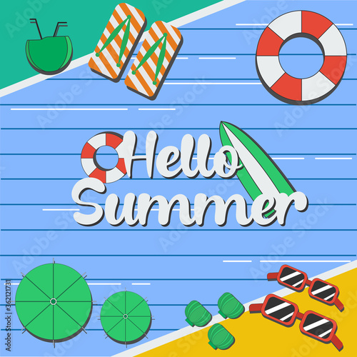 Hello Summer consists of sunglasses, swimming tires, a pair of sandals with a blue background