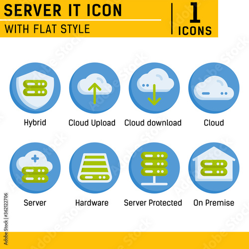 Server IT and technology icon set. Vector icon with flat style on isolated white background. Server IT icon set contains such icons as cloud, hybrid, server, hardware, on premise and other
