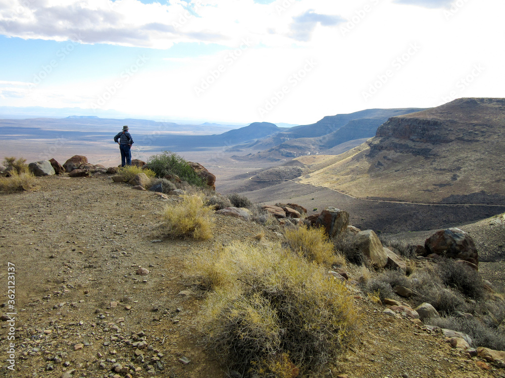 Tourist on top of the Gannaga pass in the Tankwa Karoo Tourist on top of the Gannaga pass in the Tankwa Karoo