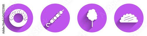 Set Donut, Grilled shish kebab, Cotton candy and Taco with tortilla icon with long shadow. Vector.