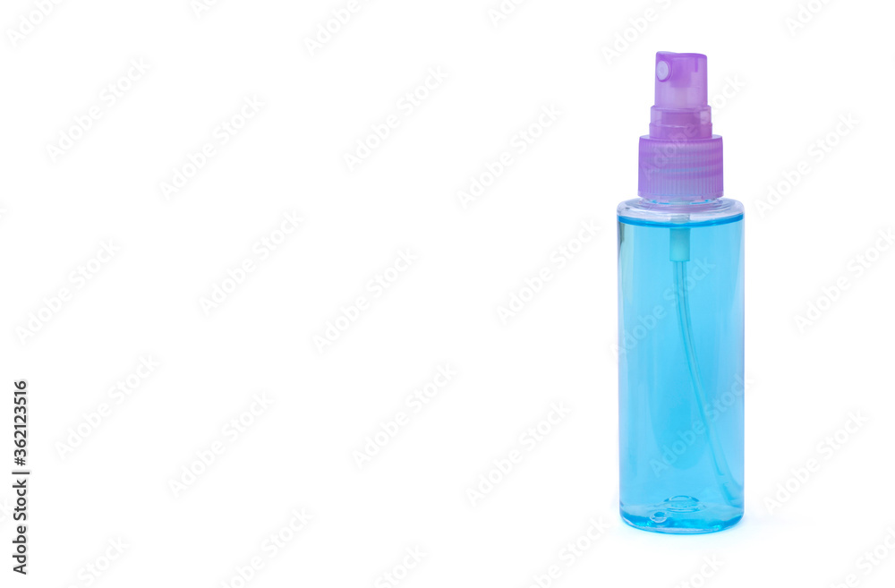 Spray bottle of alcohol gel (  antibacterial agent ) isolated on white background. Antiseptic, disinfection, cleanliness and healthcare, anti virus concept.