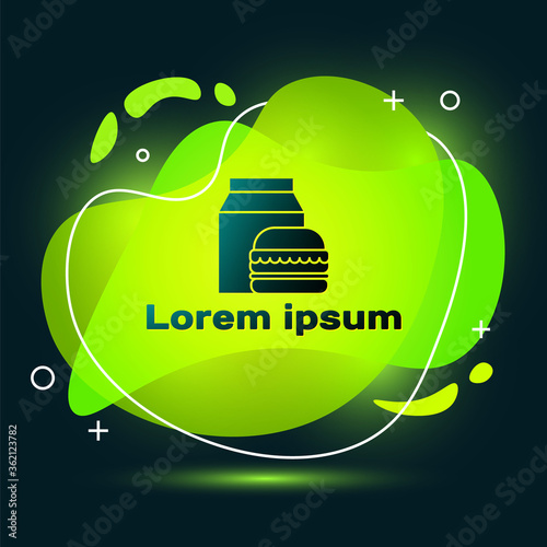 Black Online ordering and burger delivery icon isolated on black background. Abstract banner with liquid shapes. Vector Illustration.