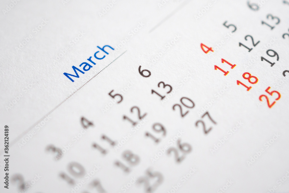 March calendar page with months and dates business planning appointment meeting concept
