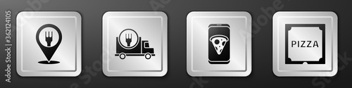 Set Cafe and restaurant location, Fast delivery by car, Food ordering pizza and Pizza in cardboard box icon. Silver square button. Vector.