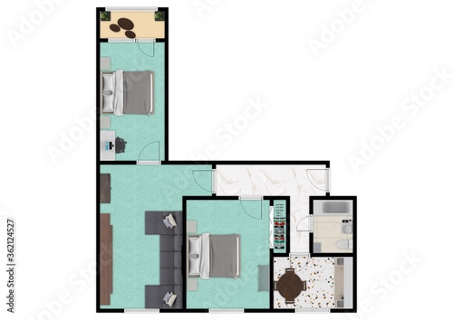 House with interior, floor plan, blueprints and colored walls on a white background . 3d illustration.