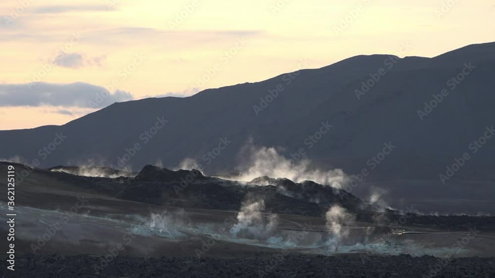 Iceland. Smoking fumaroles Active sulfur vents Hverir geothermal area Volcanic landscape. Iceland. Smoking fumaroles Active sulfur vents Hverir geothermal area Volcanic landscape.