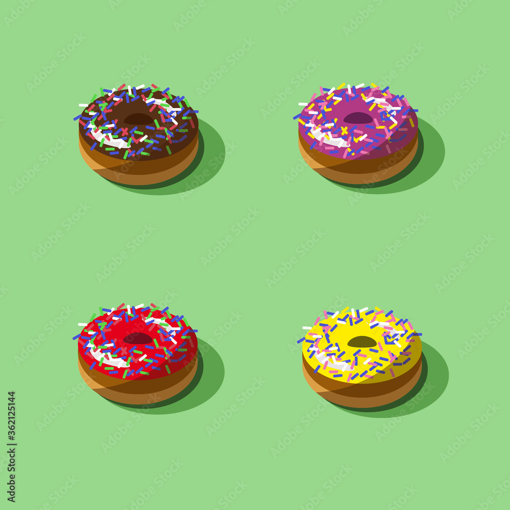 Set of four colorful donuts isolated on green background. Vector illustration Set of four colorful donuts isolated on green background. Vector illustration