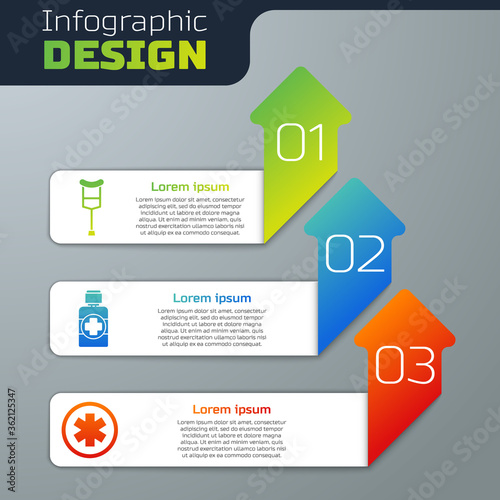 Set Crutch or crutches, Bottle of medicine syrup and Medical symbol of the Emergency. Business infographic template. Vector.