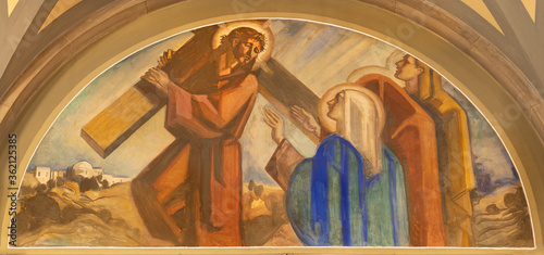 BARCELONA, SPAIN - MARCH 3, 2020: The fresco Jesus meet his mother Mary in the church Santuario Nuestra Senora del Sagrado Corazon by Francesc Labarta (1960). photo