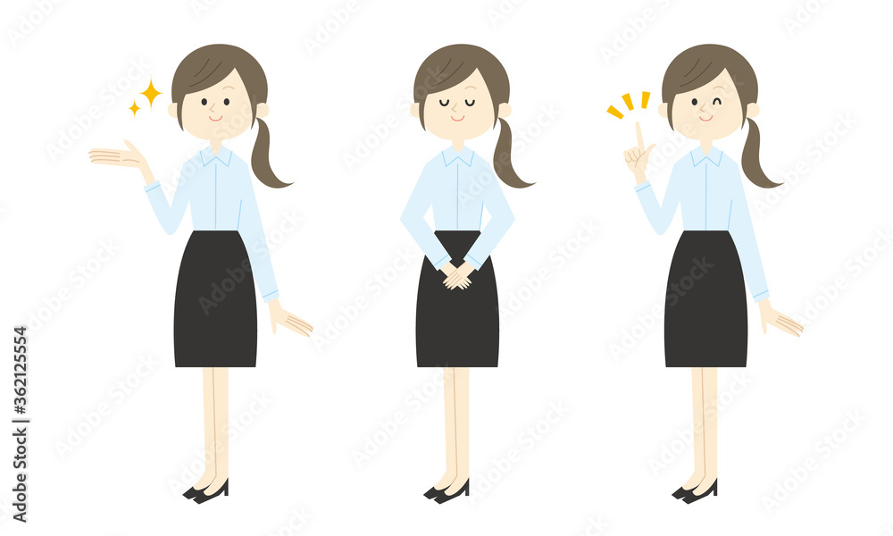 女性社員セット（手で指し示す・お辞儀・指差し）ベクターイラスト