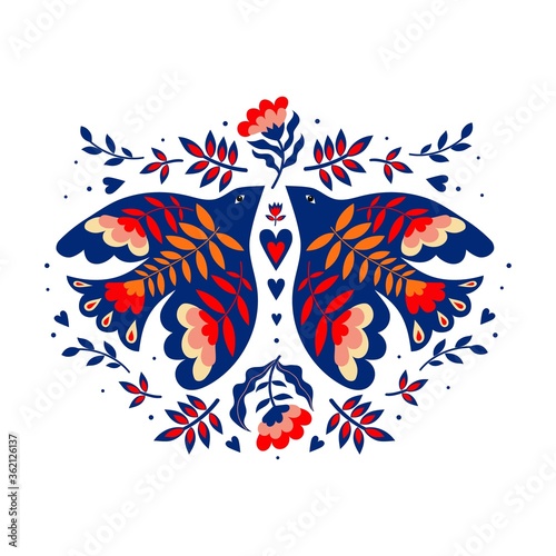 Composition of birds and flowers in folk art.