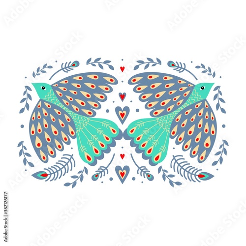 Composition of birds and flowers in folk art.