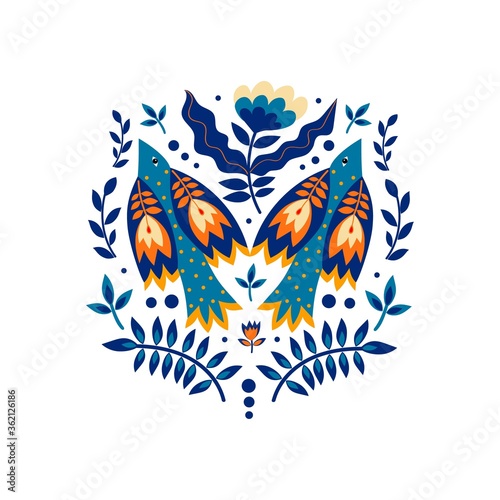 Composition of birds and flowers in folk art.