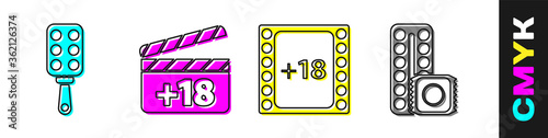 Set Spanking paddle, Movie clapper with 18 plus content, Play Video with 18 plus content and Birth control pills and condom icon. Vector.