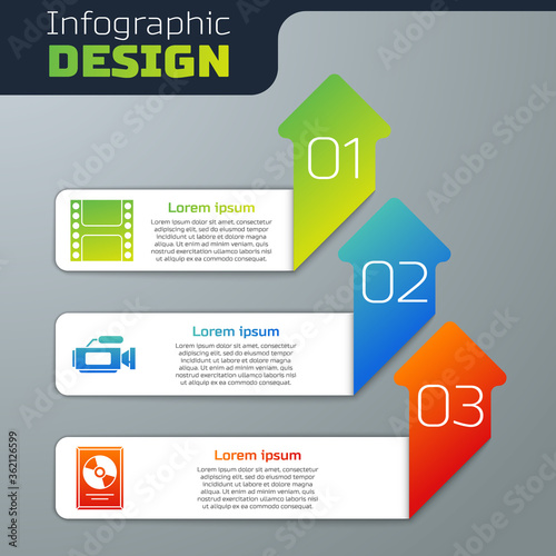 Set Play Video, Cinema camera and CD disk award in frame. Business infographic template. Vector.