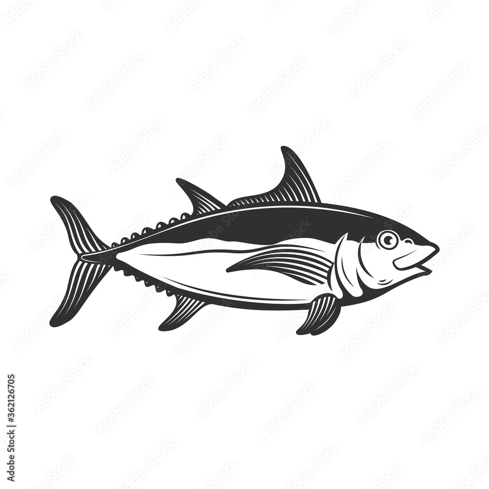 Illustration of tuna fish in engraving style. Design element for logo, label, emblem, sign, badge.
