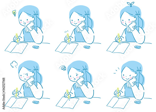 勉強する女の子の表情セット