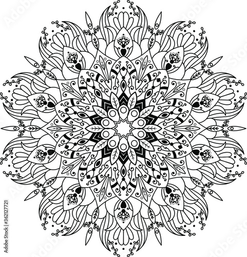 Mandala round floral ornament pattern. Anti-stress coloring page for kids and adults. Yoga, tatoo, mehndi, lace design. Vector illustration.