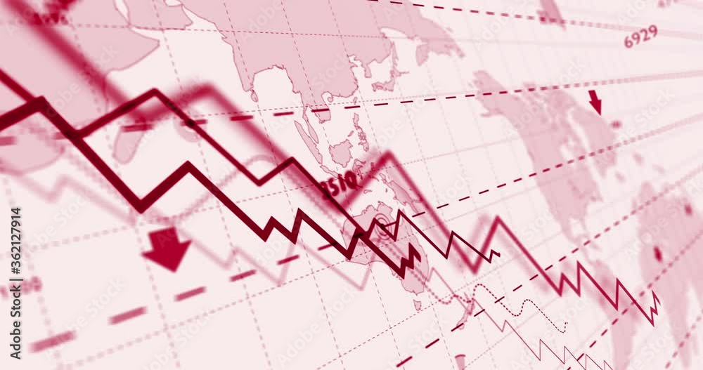 Global crisis red chart. Graph down on world map background 3d loopable seamless animation. Business stagnation, bear market, stock exchange crash, financial, economy decline diagram abstract concept. Global crisis red chart. Graph down on world map background 3d loopable seamless animation. Business stagnation, bear market, stock exchange crash, financial, economy decline diagram abstract concept.