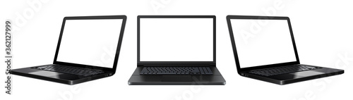 Laptop computers isolated with empty screen, front and back view, vector illustration technology icons.