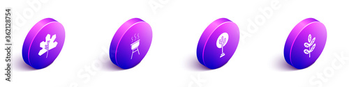 Set Isometric Leaf or leaves, Barbecue grill, Tree and Leaf or leaves icon. Vector.