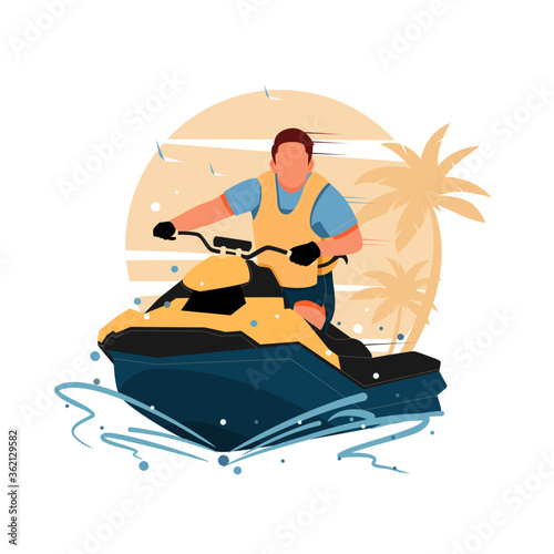 portrait of a man riding a jet ski, flat design concept, vector illustration