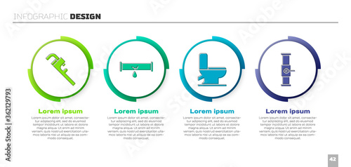 Set Pipe adjustable wrench, Broken pipe with leaking water, Toilet bowl and Industry pipe and valve. Business infographic template. Vector.