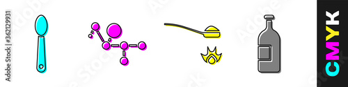 Set Heroin in a spoon, Cannabis molecule, Heroin in a spoon and Alcohol drink bottle icon. Vector.