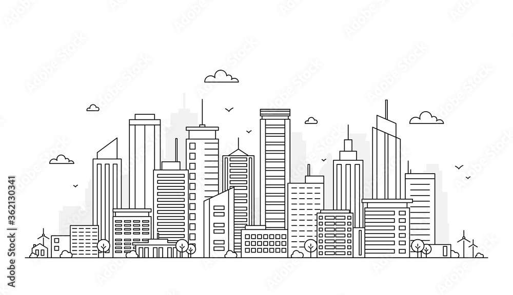 Vector illustration of outline city landscape. Urban life with skyline city office buildings, skyscraper, trees, factory, windmill. Сity panorama on white background. Downtown landscape.