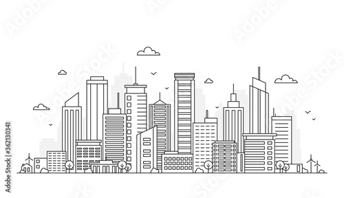 Vector illustration of outline city landscape. Urban life with skyline city office buildings  skyscraper  trees  factory  windmill.   ity panorama on white background. Downtown landscape.