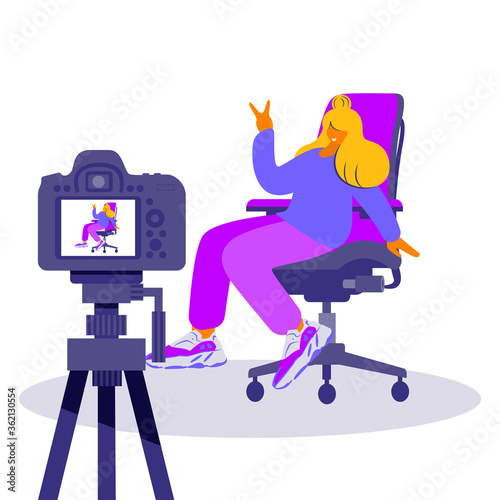 Video blogger recording video with camera and light. Vlog concept.
Cute vector illustration in flat style
